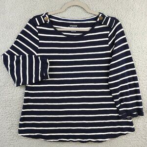 Chicos Shirt Womens 1 US Medium Blue White Striped Epaulet 3/4 Sleeve Sub Tee